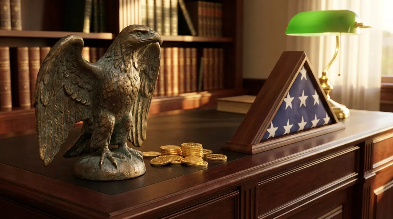 A bronze eagle statue standing over a stack of gold coins beside a cased American flag — emblems of steadfast, real-asset retirement protection