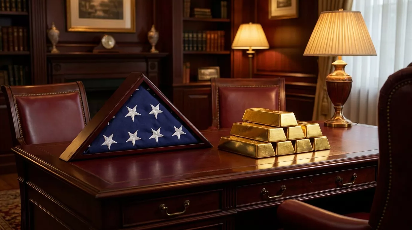 A folded American flag in a display case beside stacked gold bars on a mahogany desk — symbols of steadfast, sound-money retirement protection
